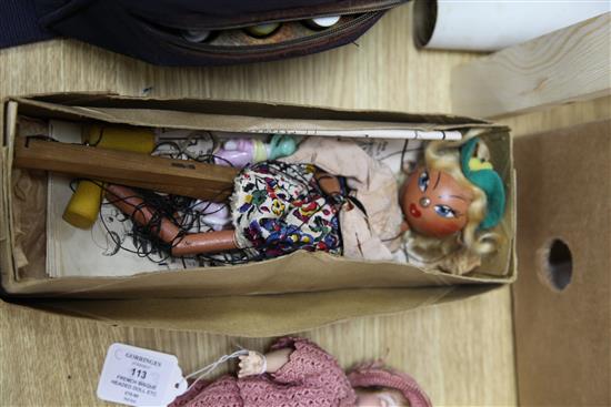 A French bisque headed doll, Pelham puppet and 2 pin dollies
